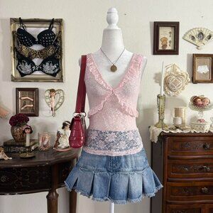 dainty coquette fairy pink sheer lace ruffle crop top